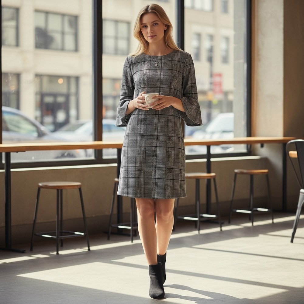 Womens Glen Plaid Bell Ruffle Sleeve Shift Dress XL Grey Cottage Dark Academia